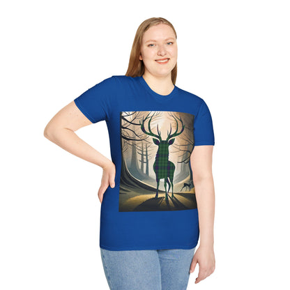 Stag Tartan Silhouette Softstyle T-Shirt - Duncan Tartan, Unisex Tee, Scottish Scenery, Various Colours