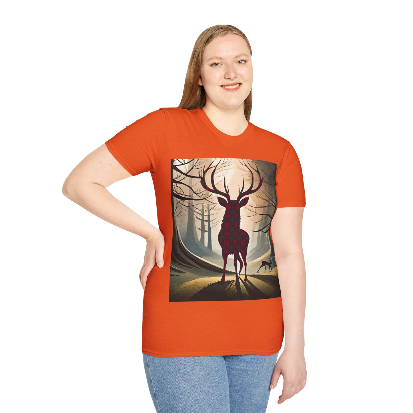 Stag Tartan Silhouette Softstyle T-Shirt - Lindsay Tartan, Unisex Tee, Scottish Scenery, Various Colours