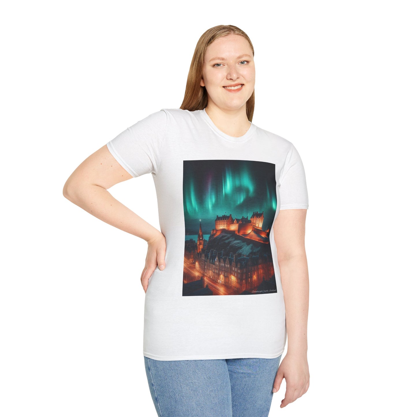 Edinburgh Castle with Northern Lights Softstyle Unisex T-Shirt, Scotland Tee