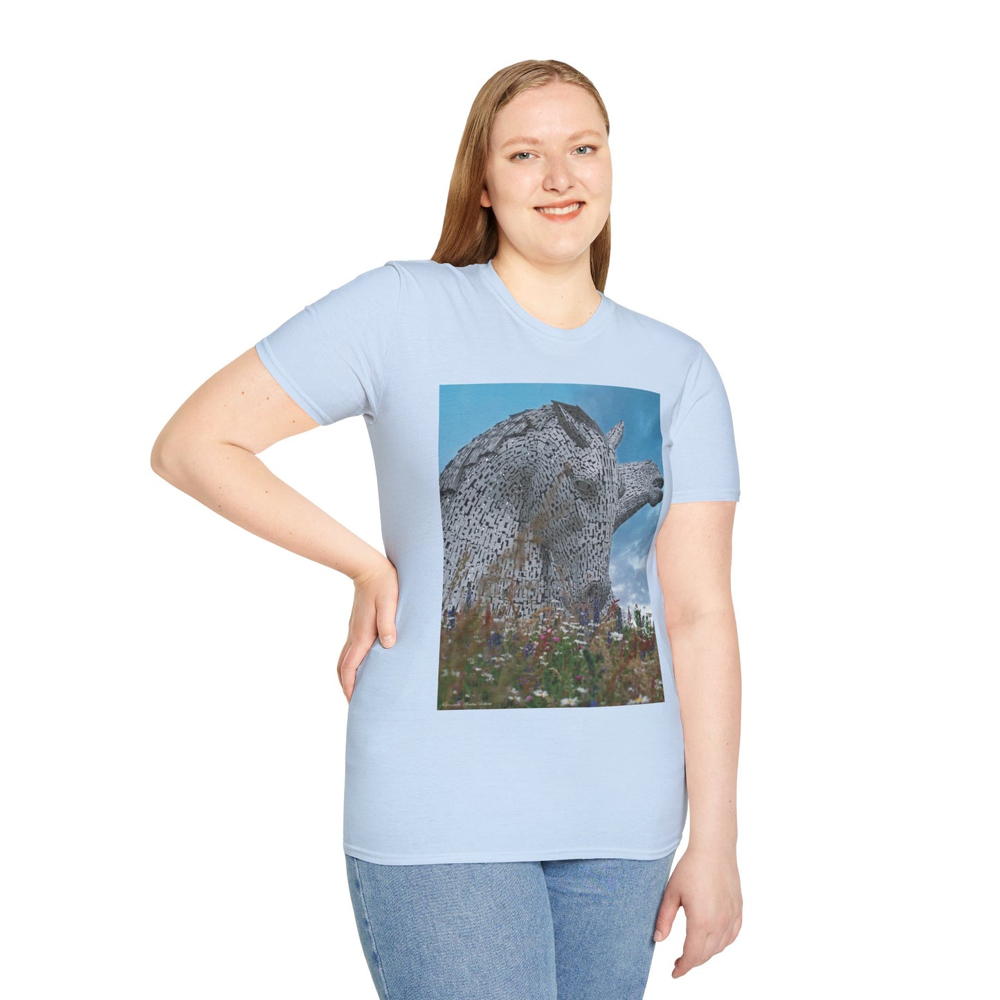 Kelpies with Meadow Photo Softstyle Unisex T-Shirt, Scottish Tee