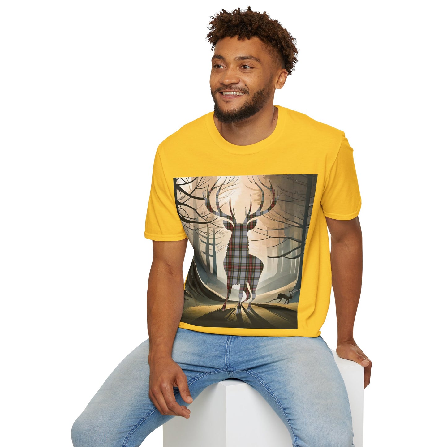 Stag Tartan Silhouette Softstyle T-Shirt - Stewart Dress Tartan, Unisex Tee, Scottish Scenery, Various Colours