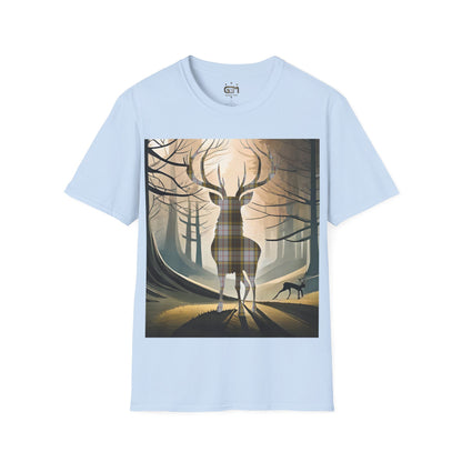 Stag Tartan Silhouette Softstyle T-Shirt - Buchanan Tartan, Unisex Tee, Scottish Scenery, Various Colours