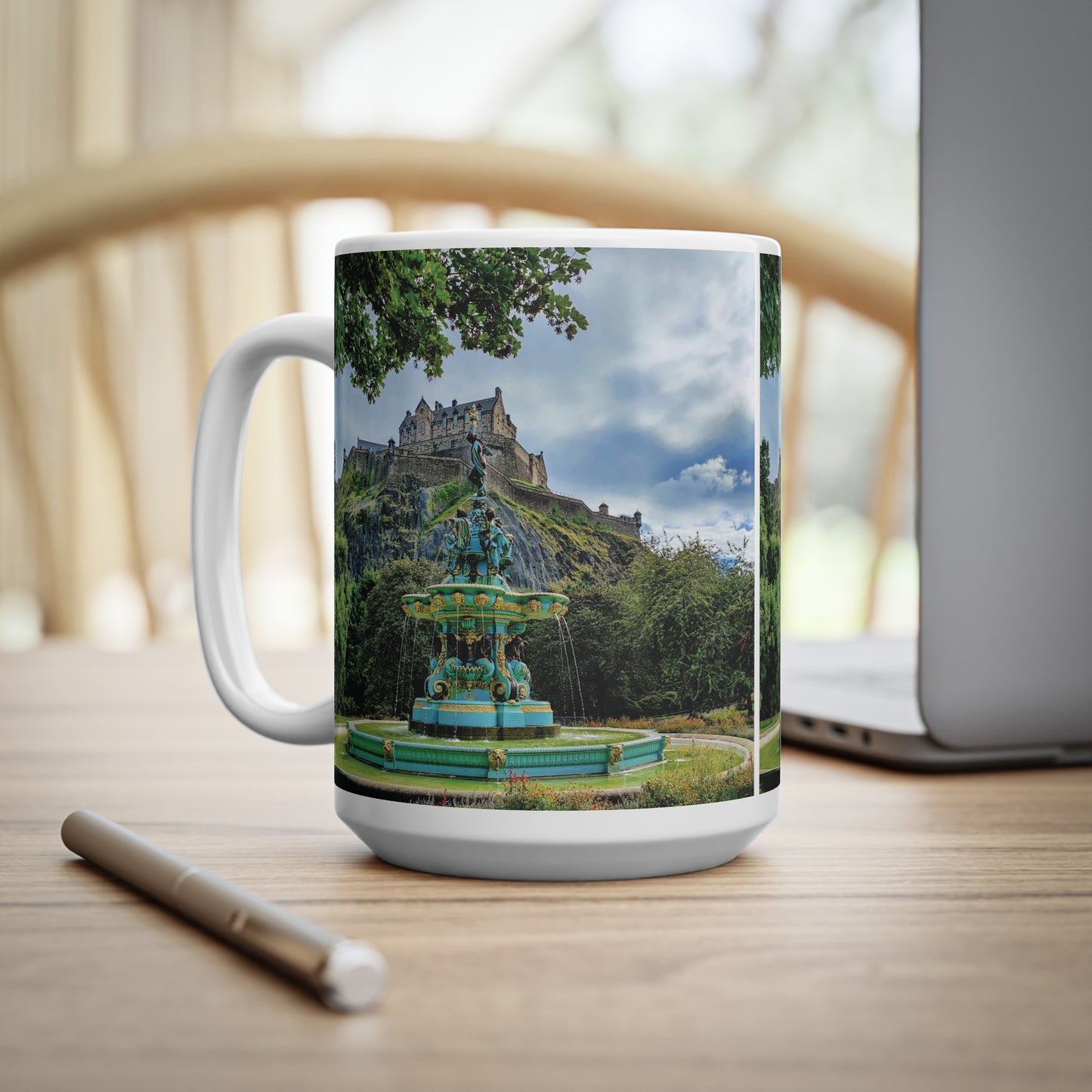 Ross Fountain & Edinburgh Castle Photo Mug, Coffee Cup, Tea Cup, Scotland, White