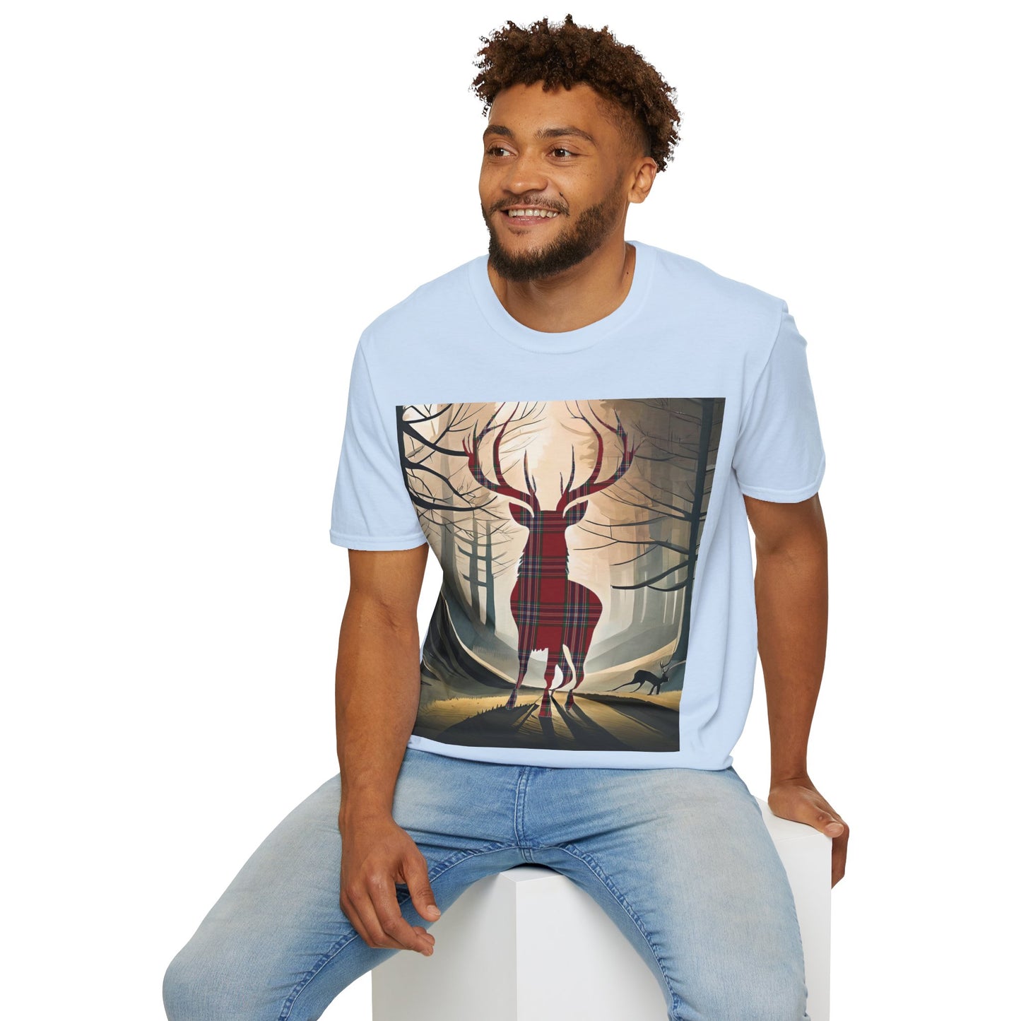 Stag Tartan Silhouette Softstyle T-Shirt - MacFarlane Tartan, Unisex Tee, Scottish Scenery, Various Colours