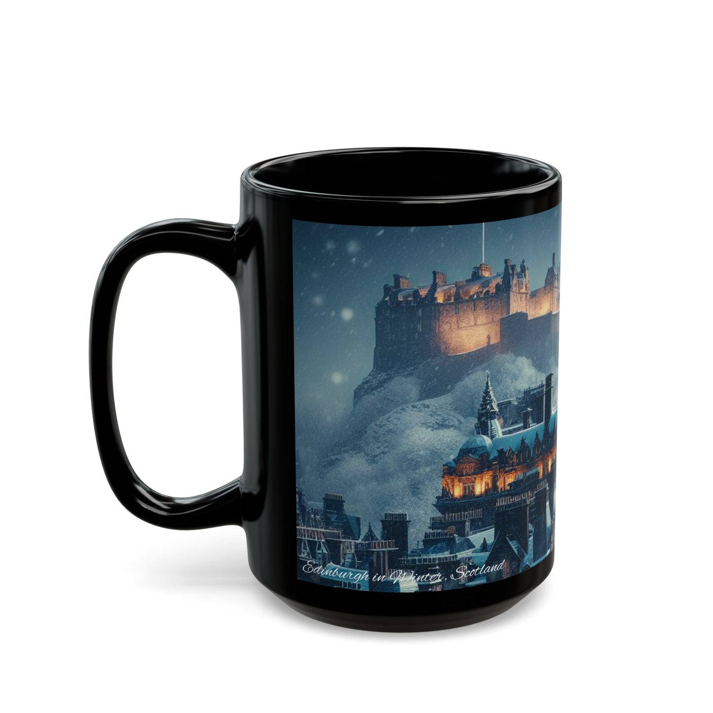 Edinburgh in Winter Mug, Coffee Cup, Tea Cup, Scottish Art, Scottish Landmarks, Scottish Nature, Black