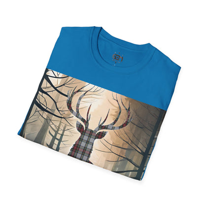 Stag Tartan Silhouette Softstyle T-Shirt - Stewart Dress Tartan, Unisex Tee, Scottish Scenery, Various Colours