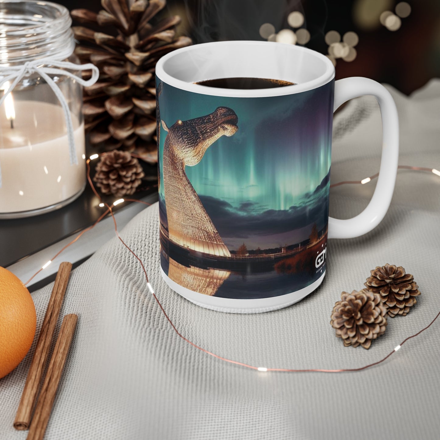 Kelpies Northern Lights Mug, Coffee Cup, Tea Cup, Scottish Art, Scottish Landmarks, Scottish Nature, White