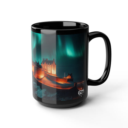 Edinburgh Castle Northern Lights Mug, Coffee Cup, Tea Cup, Scottish Art, Scottish Landmarks, Scottish Nature, Black