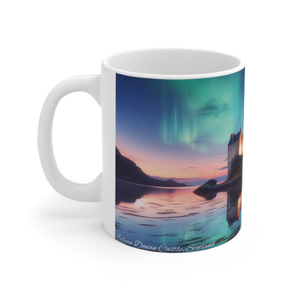 Eilean Donan Castle Northern Lights Mug, Coffee Cup, Tea Cup, Scottish Art, Scottish Landmarks, Scottish Nature, White