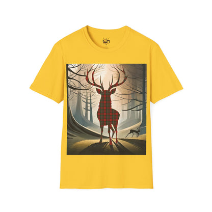 Stag Tartan Silhouette Softstyle T-Shirt - MacGregor Tartan, Unisex Tee, Scottish Scenery, Various Colours