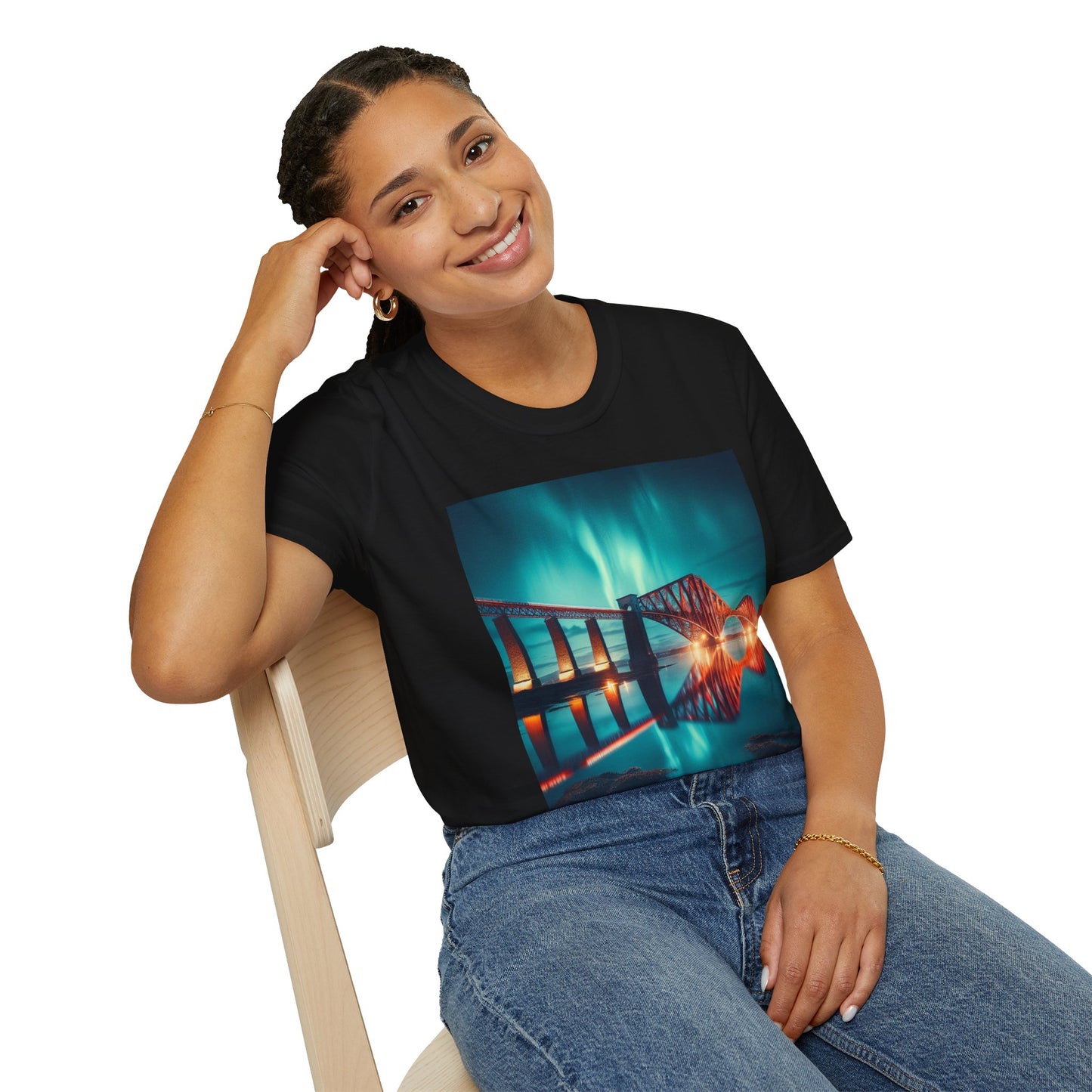 Forth Rail Bridge with Northern Lights Softstyle Unisex T-Shirt, Scotland Tee