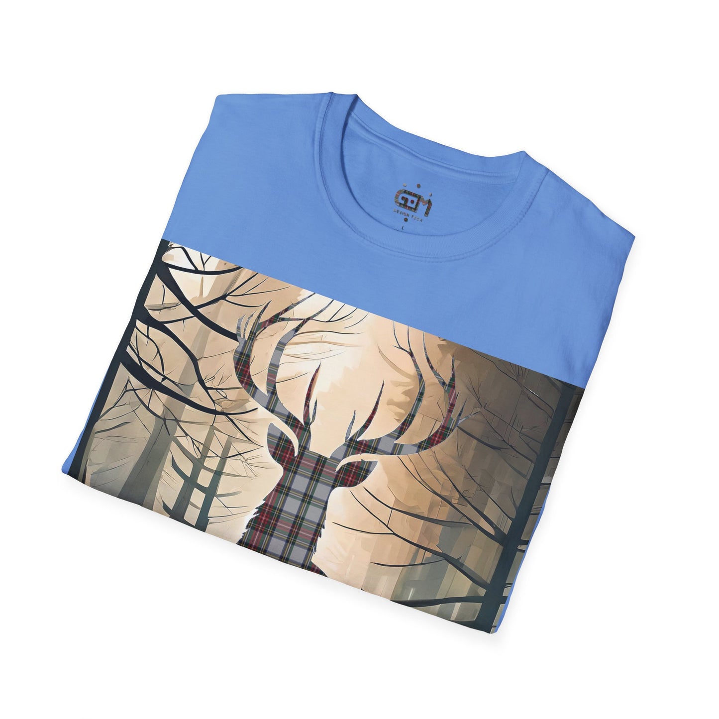 Stag Tartan Silhouette Softstyle T-Shirt - Stewart Dress Tartan, Unisex Tee, Scottish Scenery, Various Colours