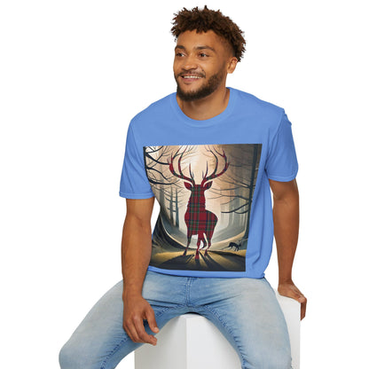 Stag Tartan Silhouette Softstyle T-Shirt - Stewart Royal Tartan, Unisex Tee, Scottish Scenery, Various Colours