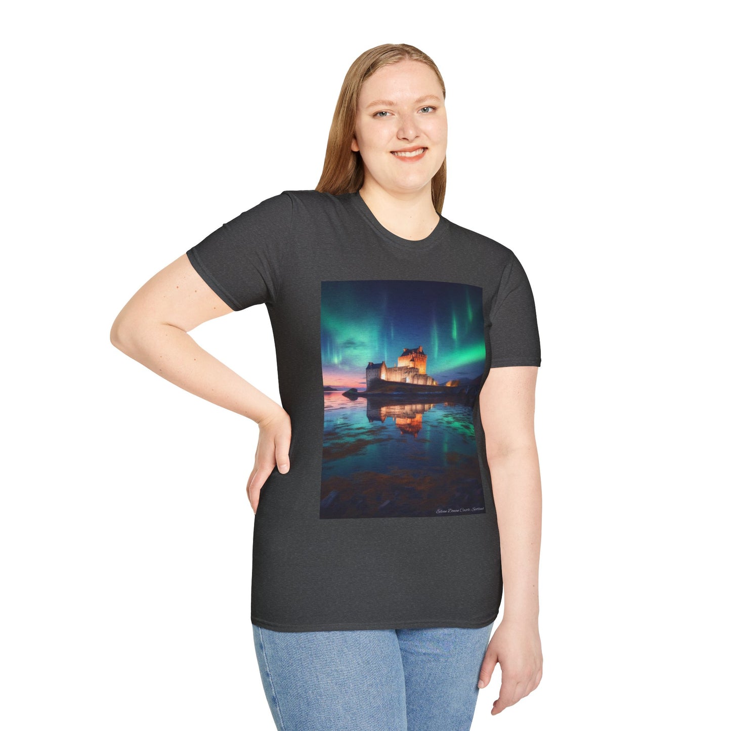 Eilean Donan Castle with Northern Lights Softstyle Unisex T-Shirt, Scotland Tee