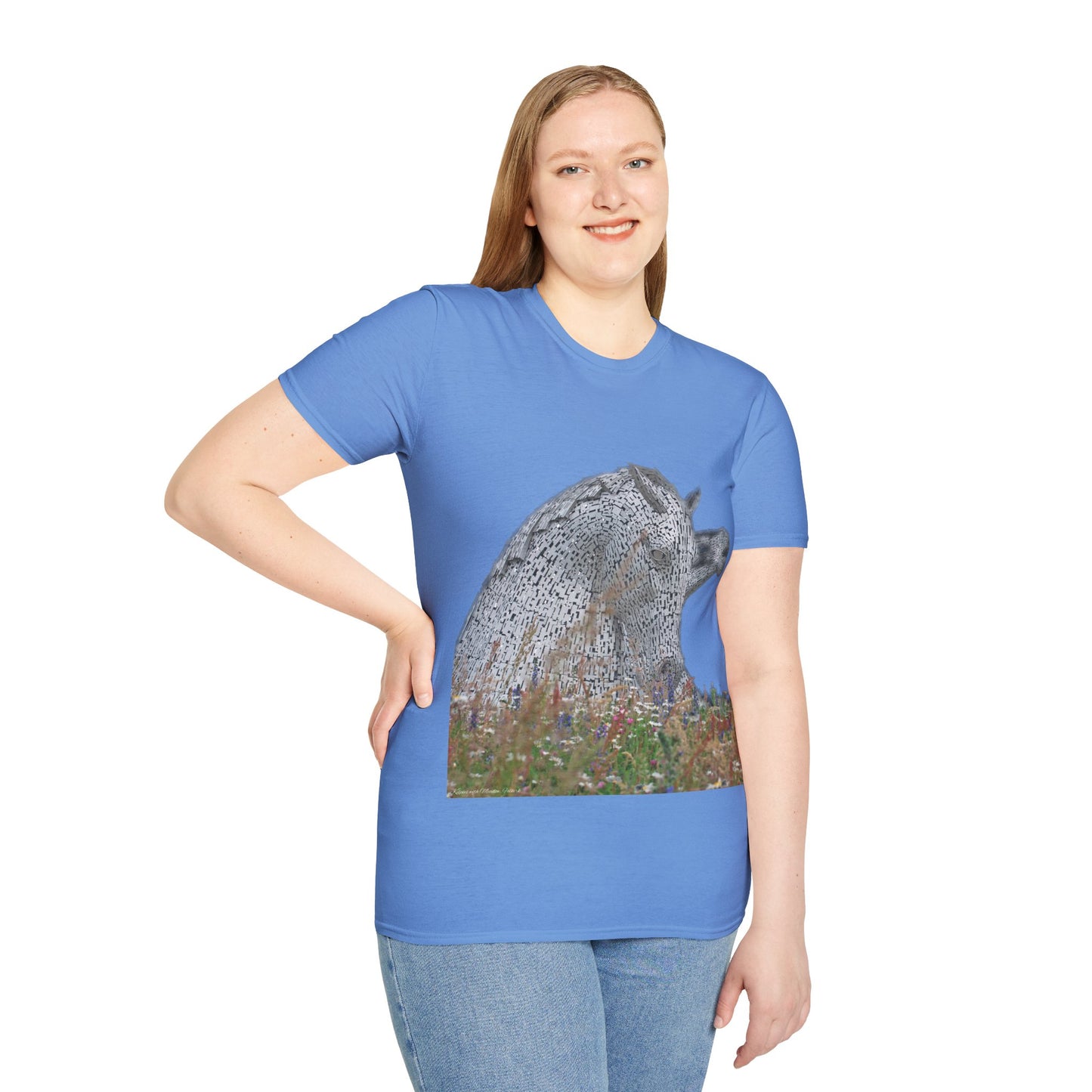 Kelpies with Meadow No Sky Photo Softstyle T-Shirt, Unisex Tee, Scottish Landmarks, Various Colours