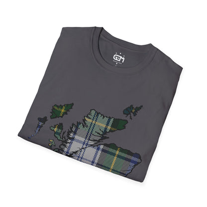 Scotland Tartan Map Softstyle Unisex T-Shirt, Gordon Dress Tartan, Various Colours