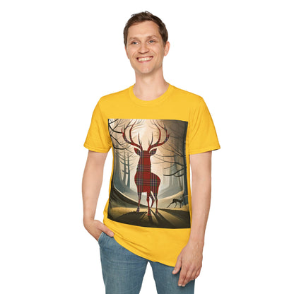 Stag Tartan Silhouette Softstyle T-Shirt - MacFarlane Tartan, Unisex Tee, Scottish Scenery, Various Colours