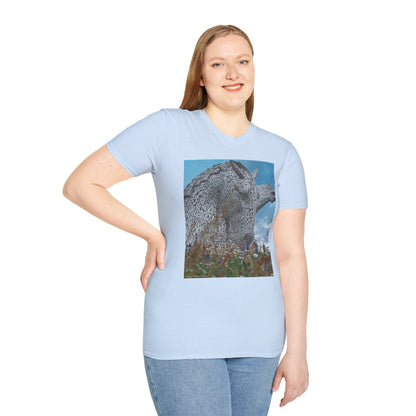 Scottish Kelpies with Meadow Photo Softstyle Unisex T-Shirt, Scotland Tee