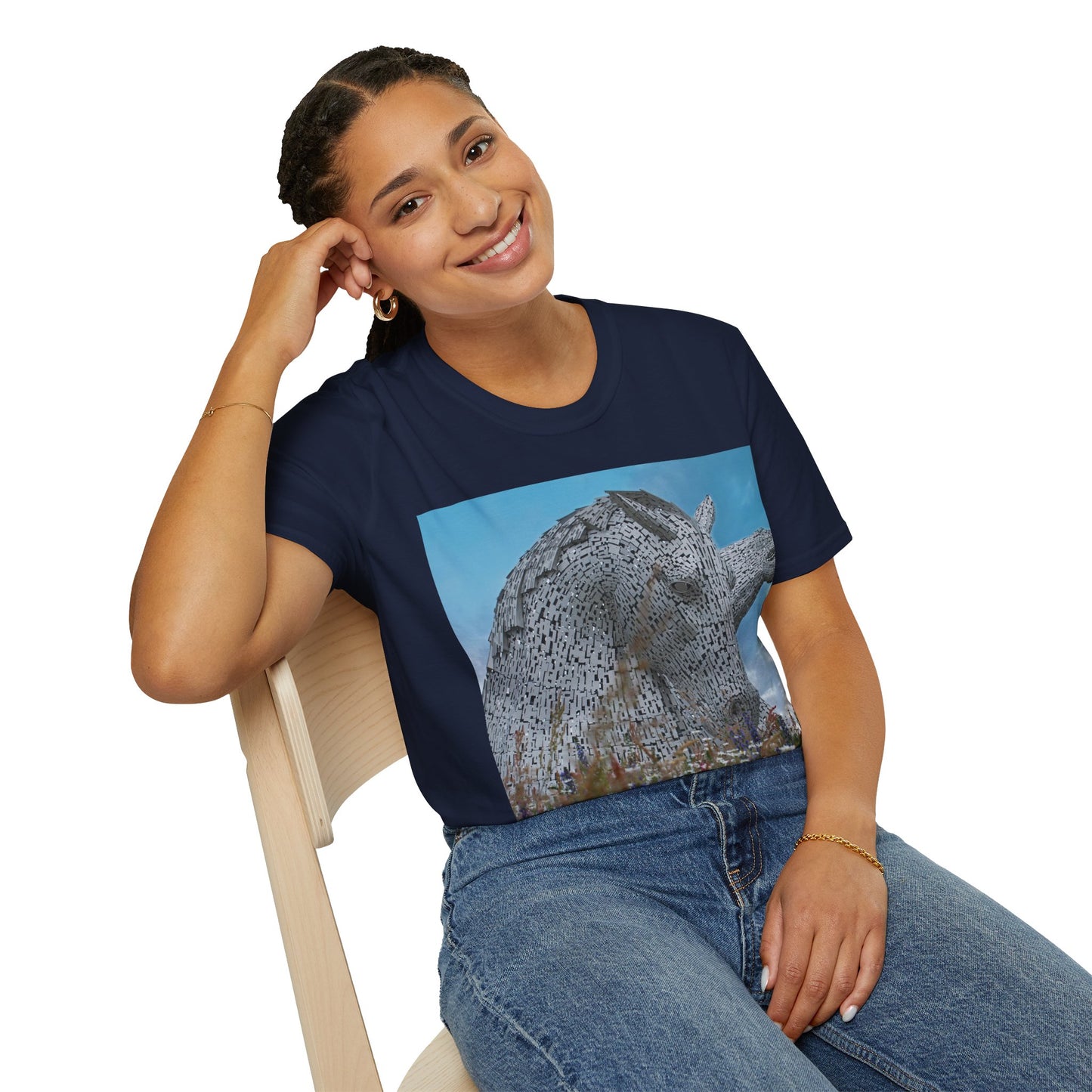 Kelpies with Meadow Photo Softstyle T-Shirt, Unisex Tee, Scottish Landmarks, Various Colours