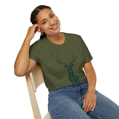 Tartan Stag Softstyle T-Shirt - Duncan Tartan, Unisex Tee, Scottish Scenery, Various Colours