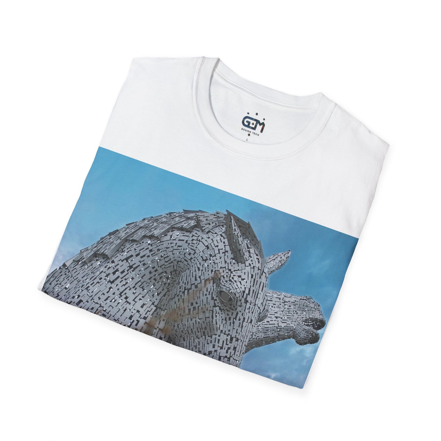 Kelpies with Meadow Photo Softstyle T-Shirt, Unisex Tee, Scottish Landmarks, Various Colours