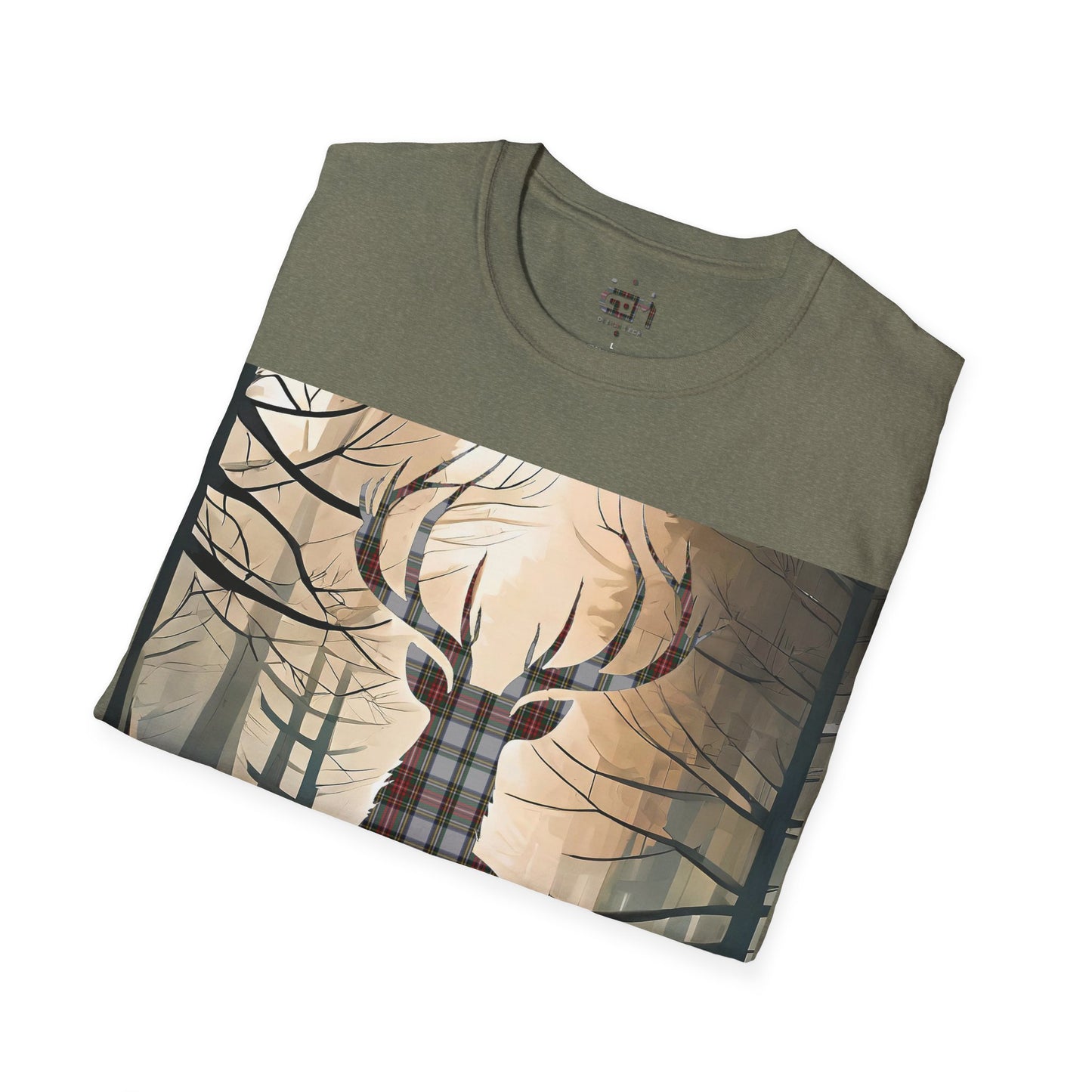 Stag Tartan Silhouette Softstyle T-Shirt - Stewart Dress Tartan, Unisex Tee, Scottish Scenery, Various Colours