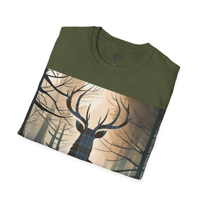 Stag Tartan Silhouette Softstyle T-Shirt - Anderson Tartan, Unisex Tee, Scottish Scenery, Various Colours