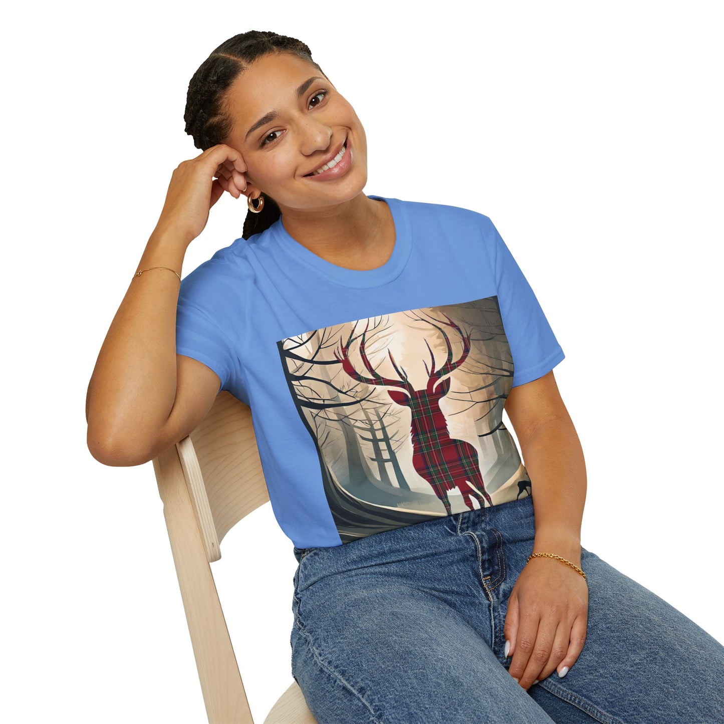 Stag Tartan Silhouette Softstyle T-Shirt - Stewart Royal Tartan, Unisex Tee, Scottish Scenery, Various Colours