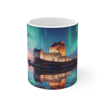 Eilean Donan Castle Northern Lights Mug, Coffee Cup, Tea Cup, Scottish Art, Scottish Landmarks, Scottish Nature, White