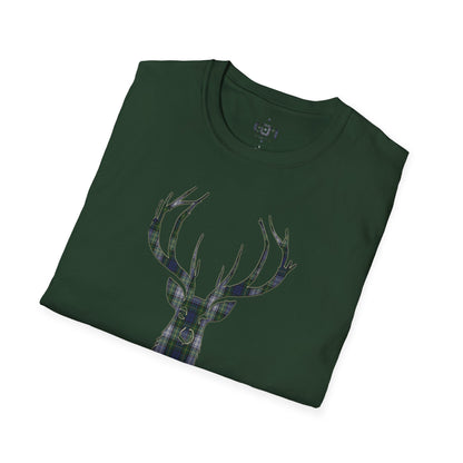 Tartan Stag Softstyle T-Shirt - Gordon Dress Tartan, Unisex Tee, Scottish Scenery, Various Colours