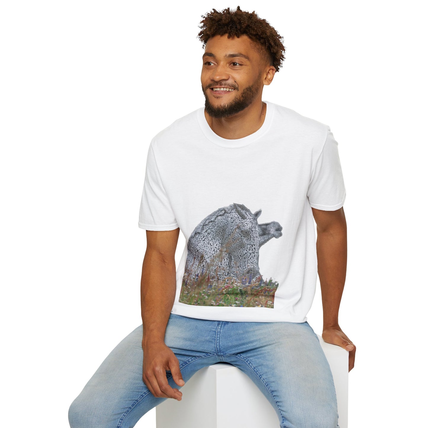 Kelpies with Meadow No Sky Photo Softstyle Unisex T-Shirt, Scottish Tee