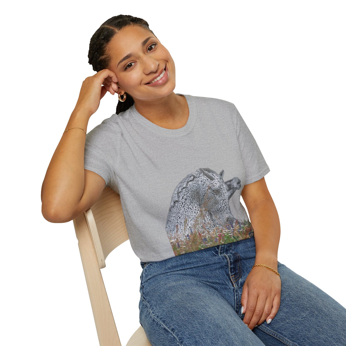 Scottish Kelpies with Meadow No Sky Photo Softstyle Unisex T-Shirt, Scotland Tee