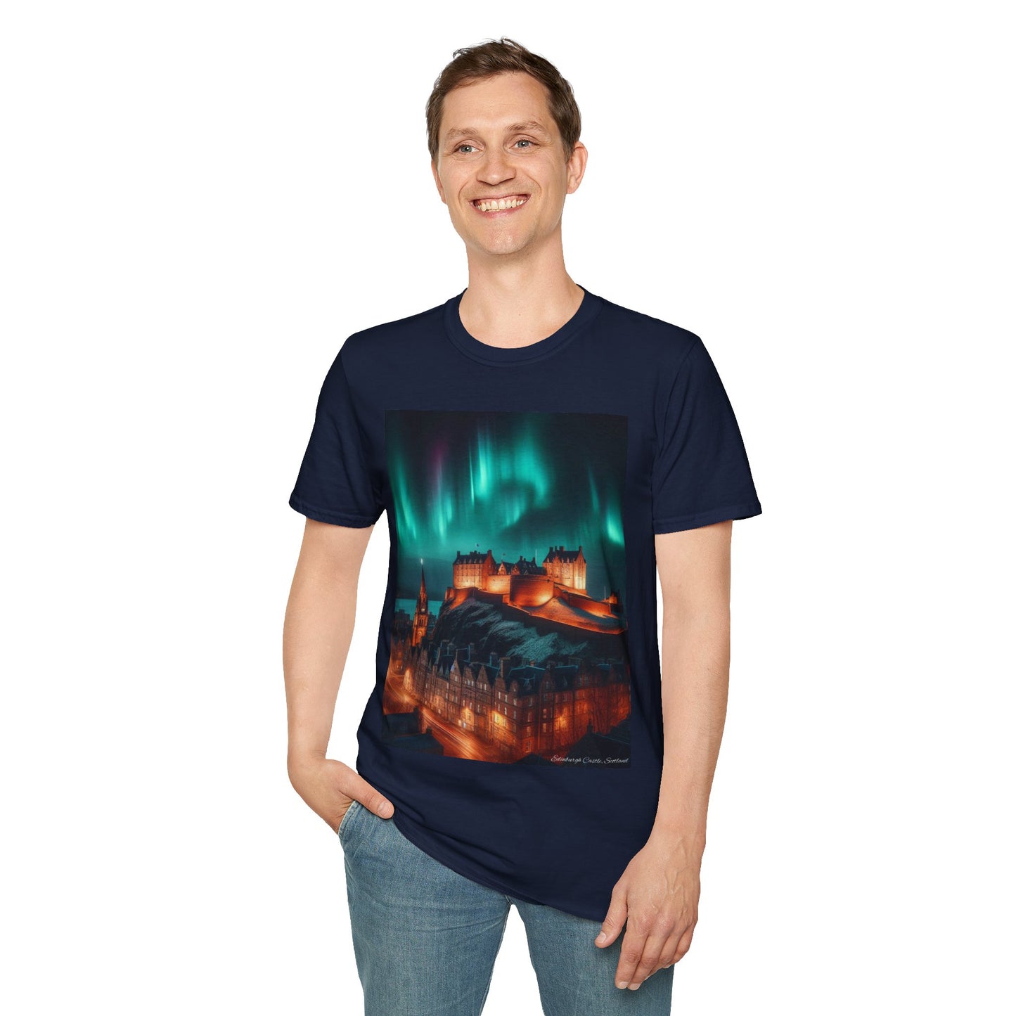 Edinburgh Castle with Northern Lights Softstyle Unisex T-Shirt, Scotland Tee