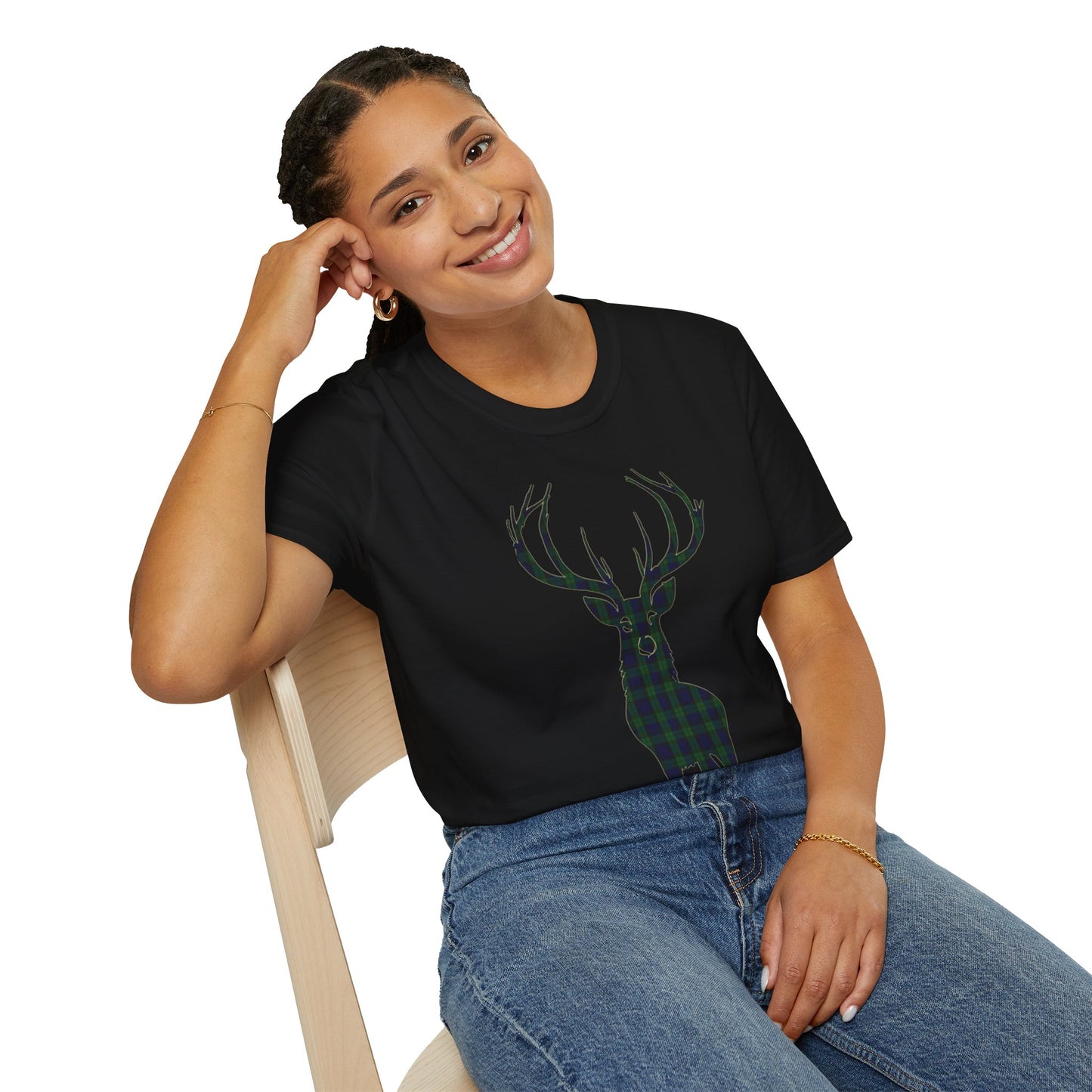 Tartan Stag Softstyle T-Shirt - Black Watch Tartan, Unisex Tee, Scottish Scenery, Various Colours