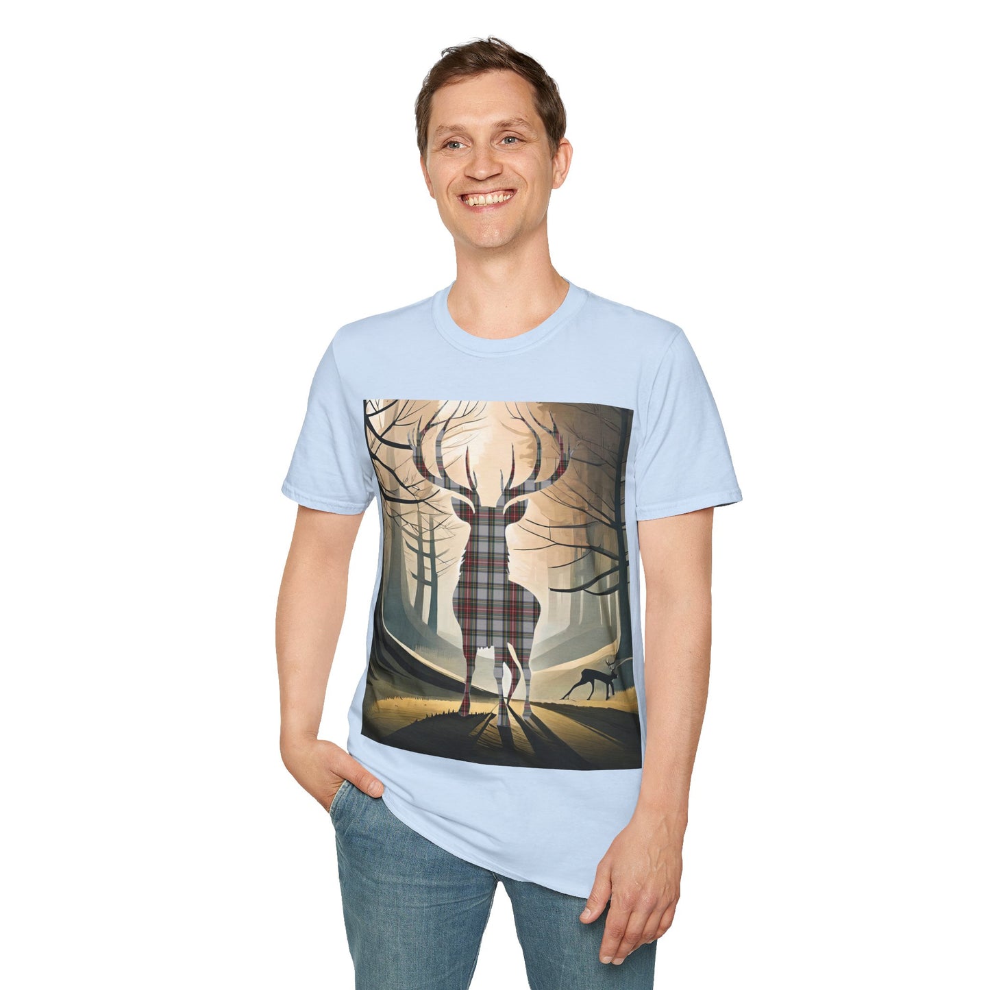 Stag Tartan Silhouette Softstyle T-Shirt - Stewart Dress Tartan, Unisex Tee, Scottish Scenery, Various Colours