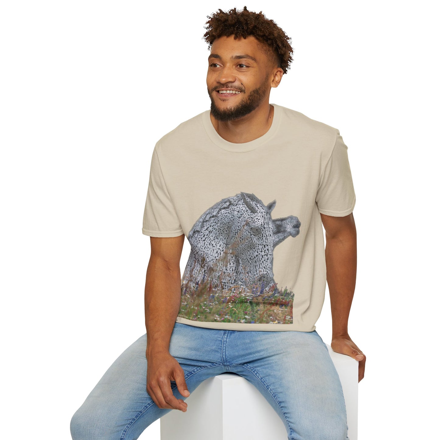 Kelpies with Meadow No Sky Photo Softstyle T-Shirt, Unisex Tee, Scottish Landmarks, Various Colours