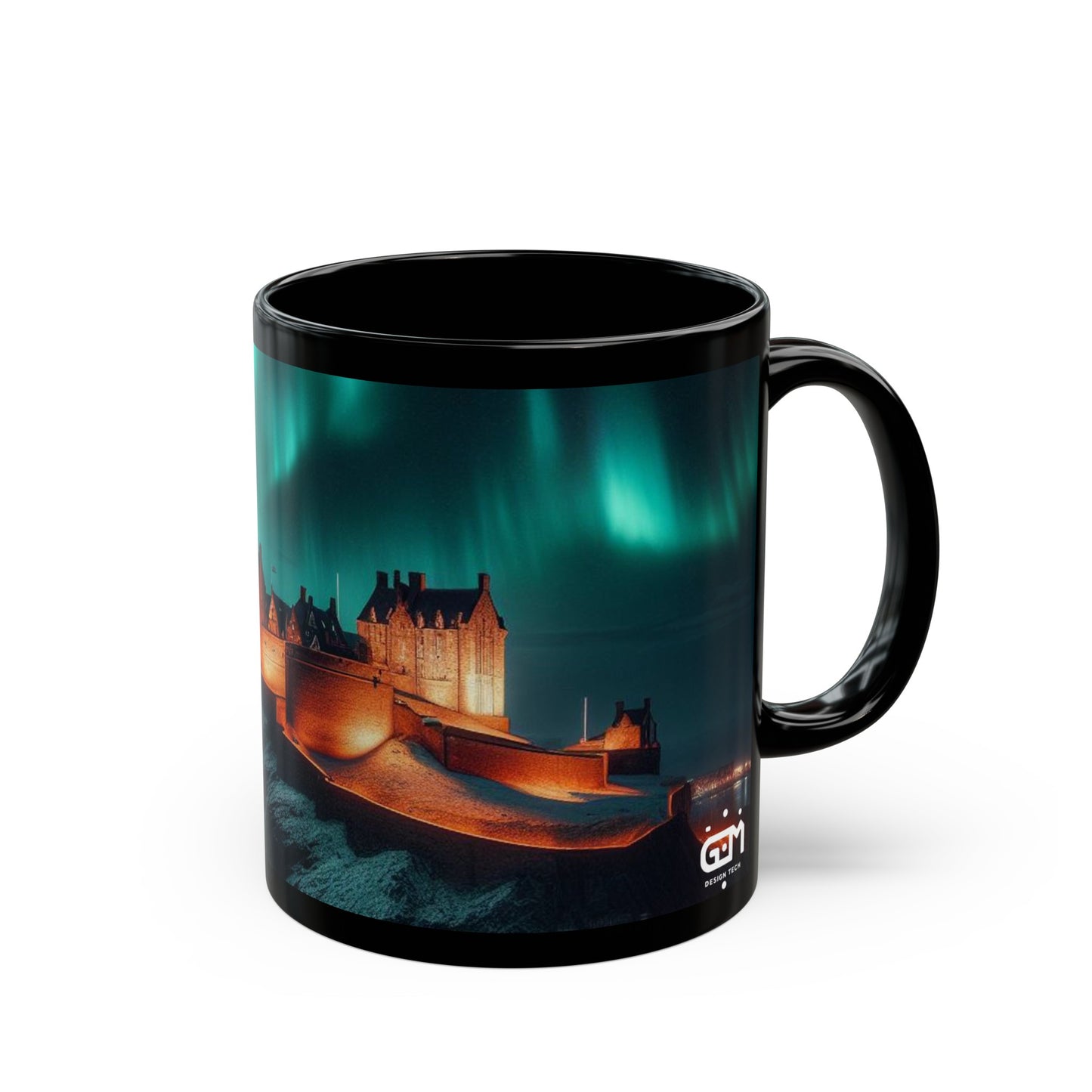 Edinburgh Castle Northern Lights Mug, Coffee Cup, Tea Cup, Scottish Art, Scottish Landmarks, Scottish Nature, Black