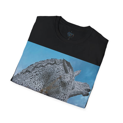 Kelpies with Meadow Photo Softstyle T-Shirt, Unisex Tee, Scottish Landmarks, Various Colours