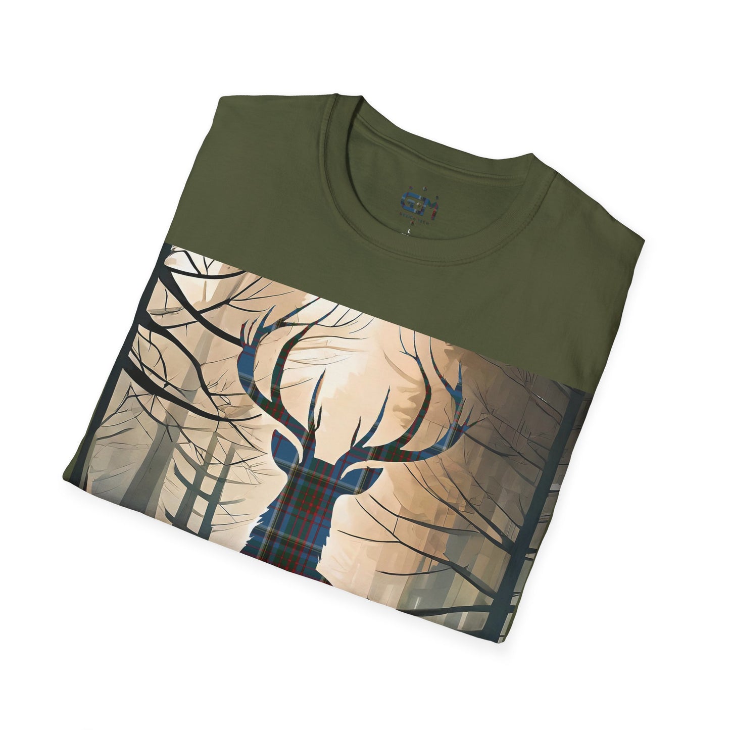 Stag Tartan Silhouette Softstyle T-Shirt - Anderson Old Tartan, Unisex Tee, Scottish Scenery, Various Colours