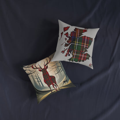 Reversible Square Cushion : Stag / Scotland Map - Stewart Royal Tartan, Various Sizes