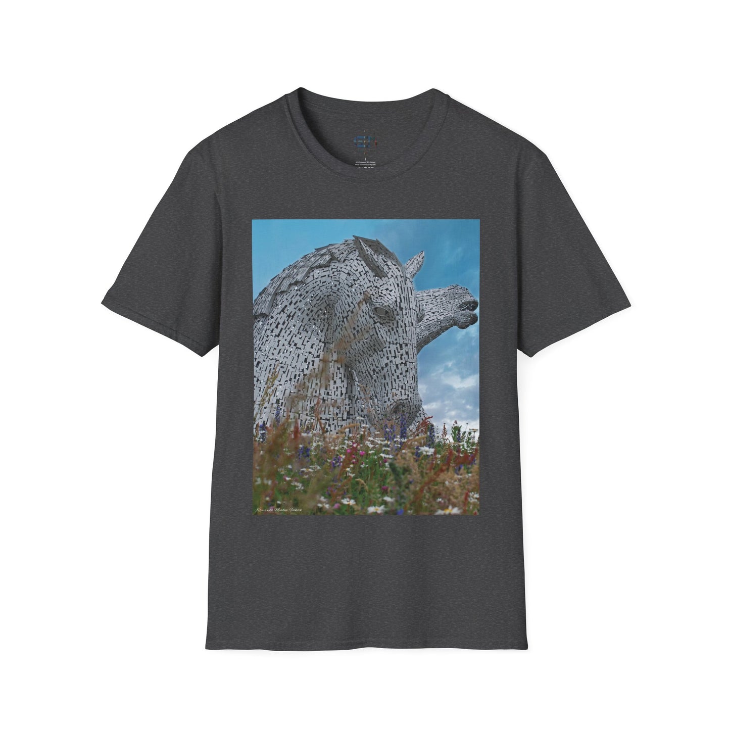 Kelpies with Meadow Photo Softstyle Unisex T-Shirt, Scottish Tee