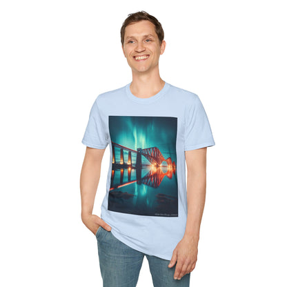 Forth Rail Bridge with Northern Lights Softstyle Unisex T-Shirt, Scotland Tee