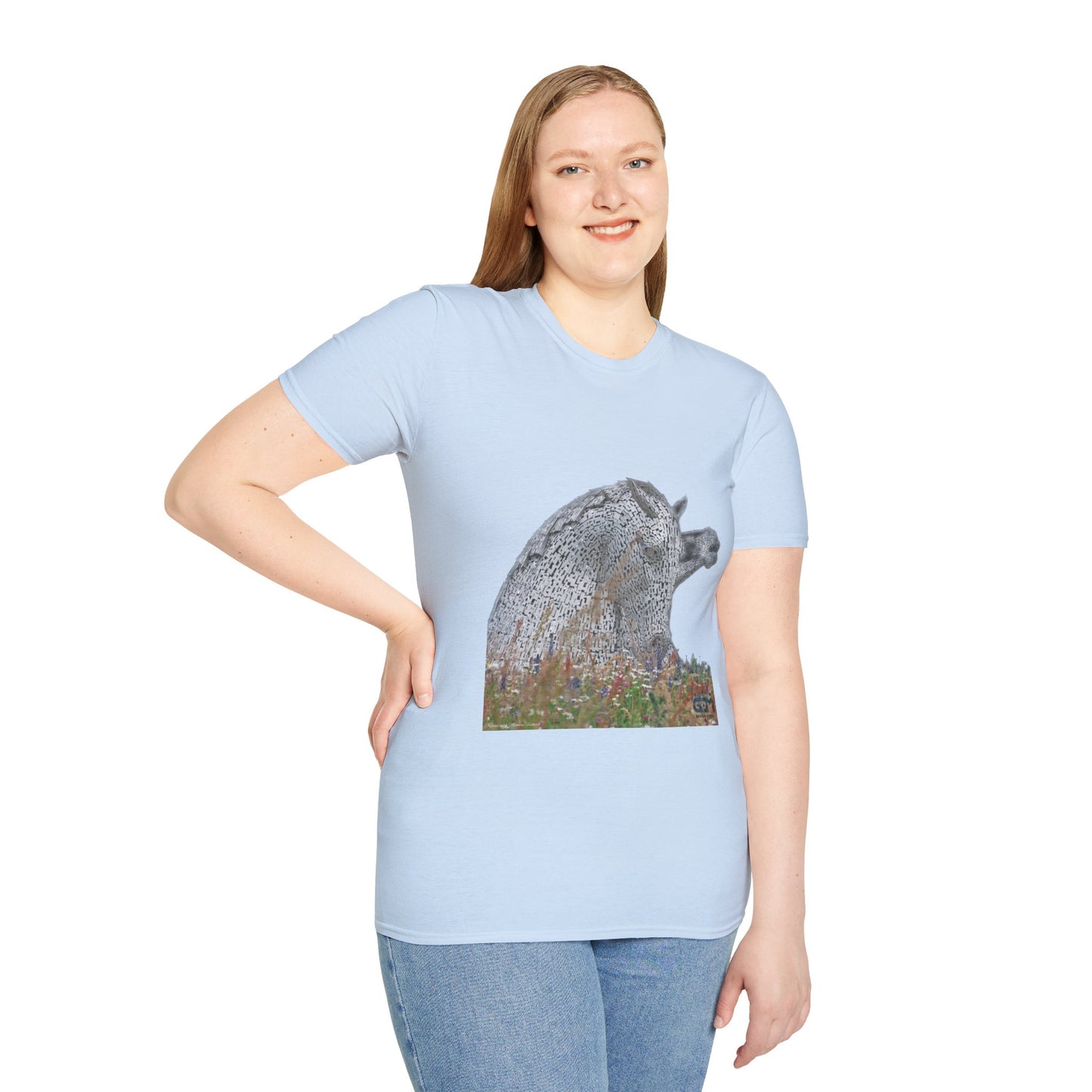 Scottish Kelpies with Meadow No Sky Photo Softstyle Unisex T-Shirt, Scotland Tee