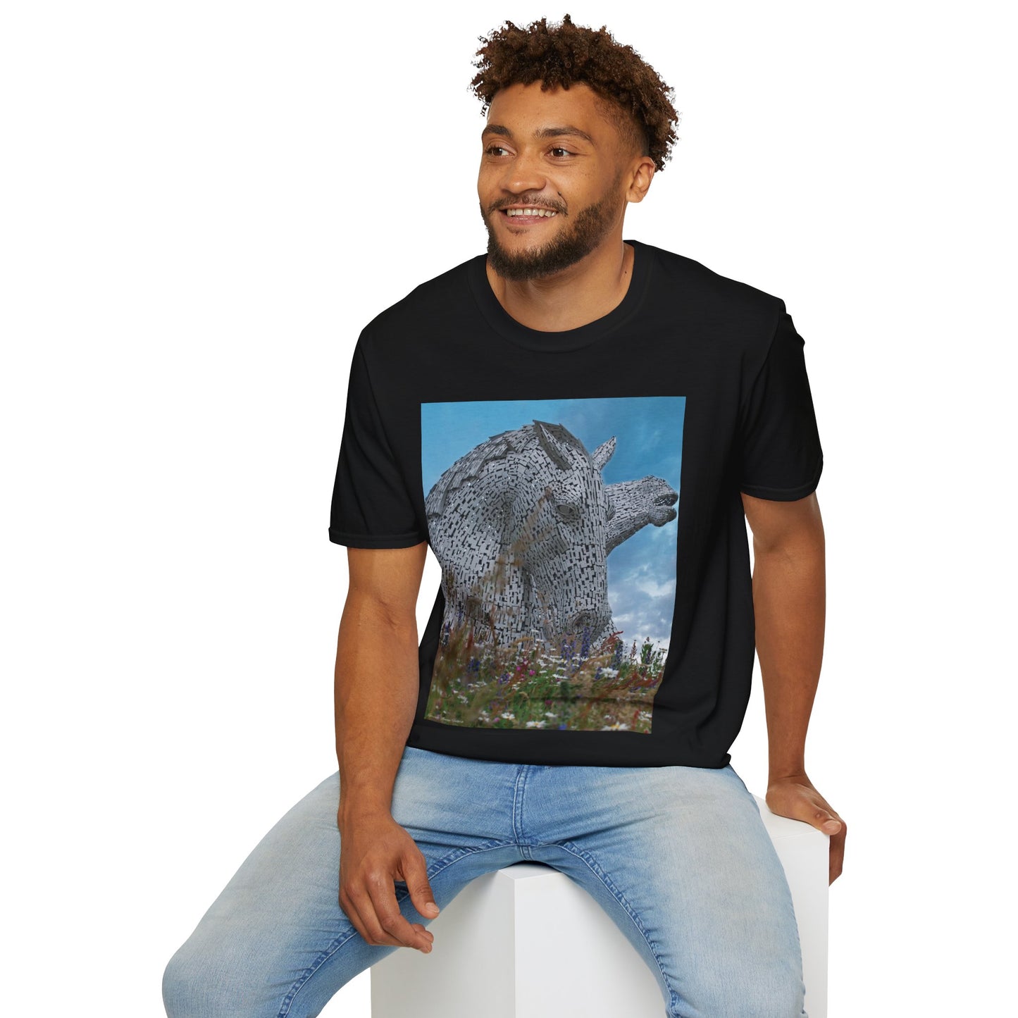 Kelpies with Meadow Photo Softstyle Unisex T-Shirt, Scottish Tee