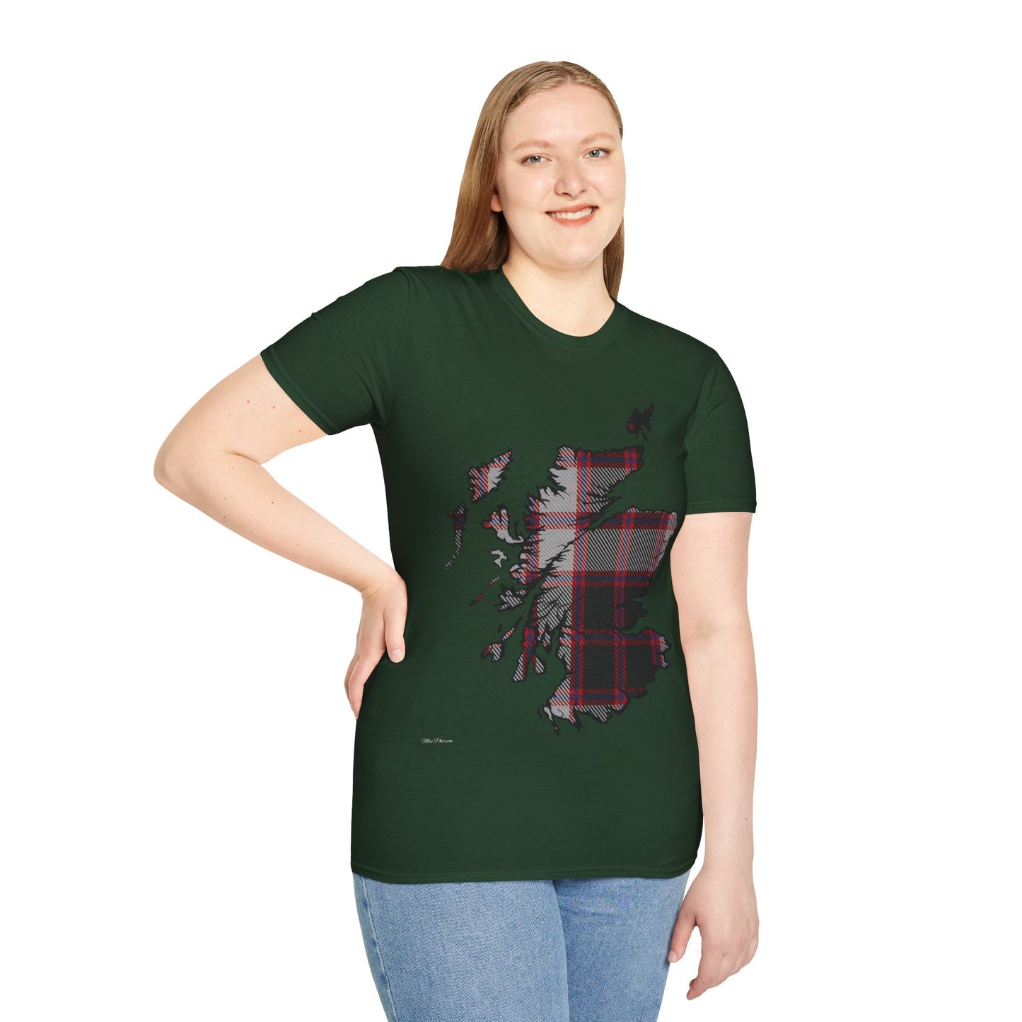 Scotland Tartan Map Softstyle Unisex T-Shirt, MacPherson Tartan, Various Colours