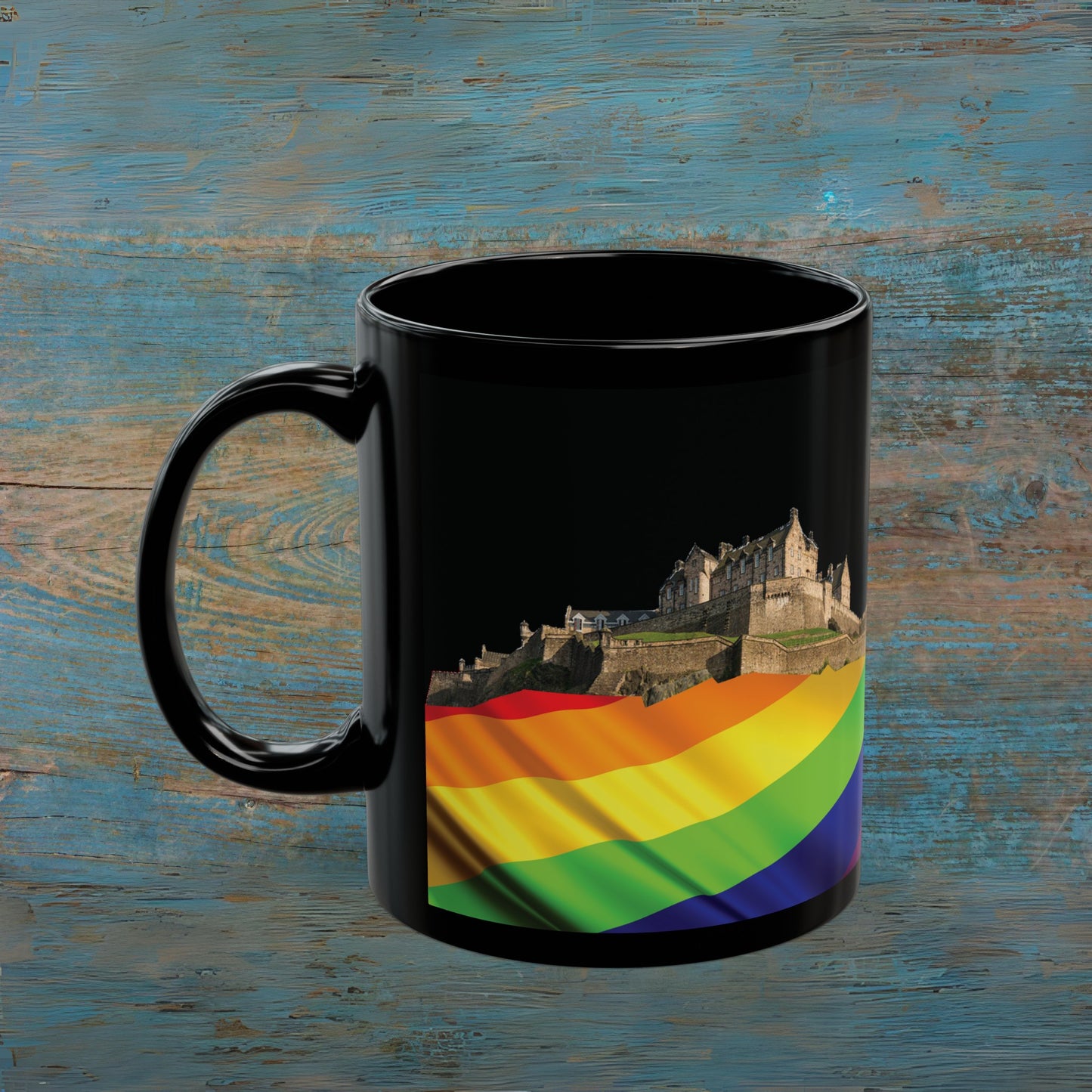 Pride Flag Rock Edinburgh Castle Photo Mug, Black