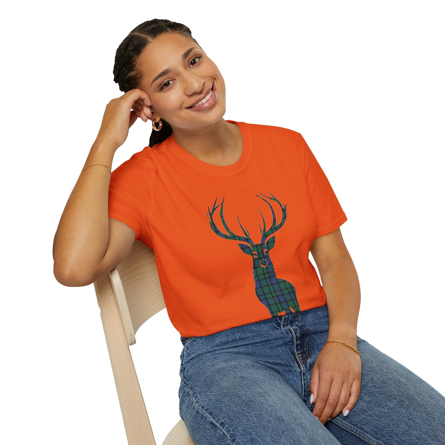 Tartan Stag Softstyle T-Shirt - Flower of Scotland Tartan, Unisex Tee, Scottish Scenery, Various Colours