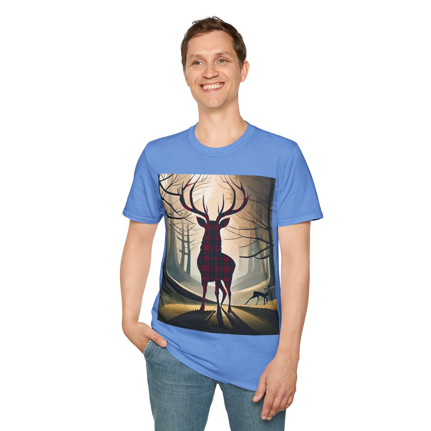 Stag Tartan Silhouette Softstyle T-Shirt - Lindsay Tartan, Unisex Tee, Scottish Scenery, Various Colours