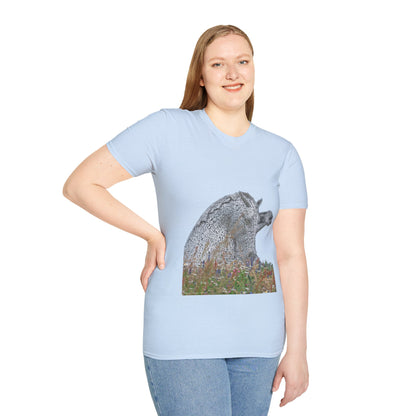 Kelpies with Meadow No Sky Photo Softstyle Unisex T-Shirt, Scottish Tee