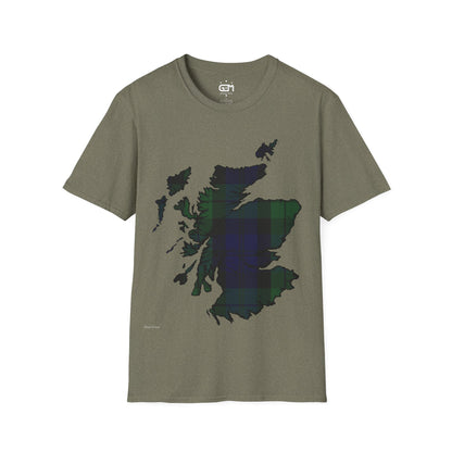 Scotland Tartan Map Softstyle Unisex T-Shirt, Black Watch Tartan, Various Colours